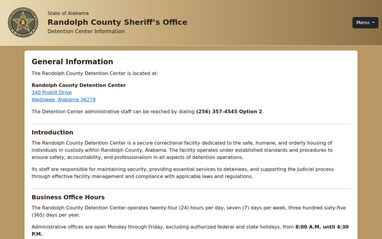 Randolph County Detention Center booking records contact page