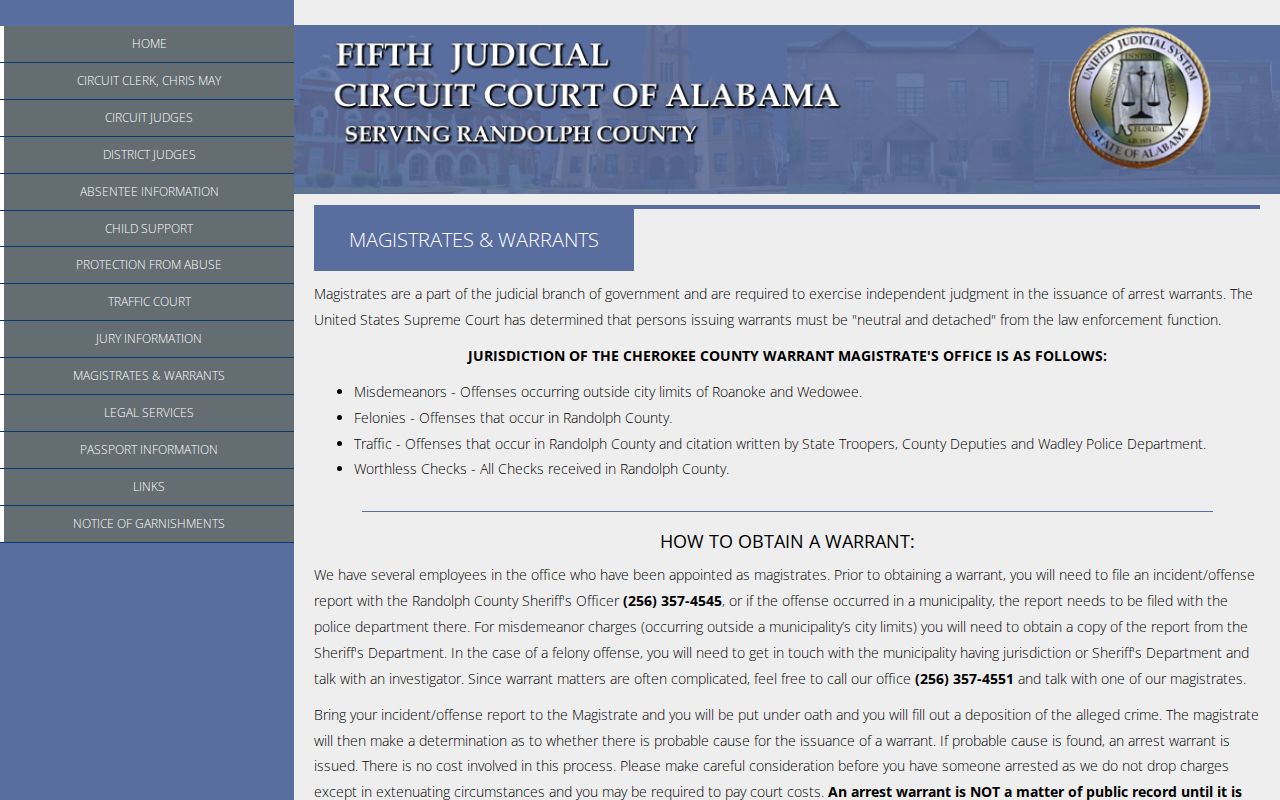 Randolph County official warrant check procedure from the magistrates page